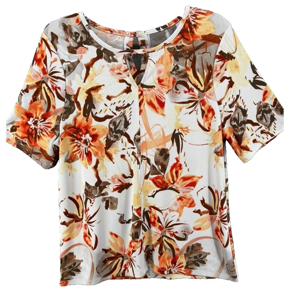 Chicos Easywear Shirt Womens Sz 2 Large Short Sleeve Blouse Floral Keyhole Neck